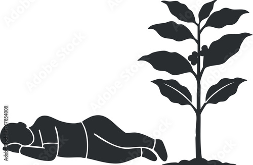 Silhouette of a person resting beside a growing plant symbolizing relaxation and connection with nature.