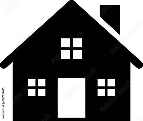 A simple black and white silhouette of a house with windows and a chimney.