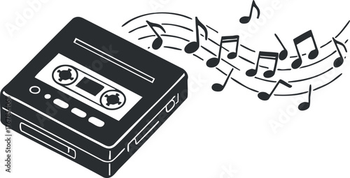 A retro cassette tape with musical notes representing creativity and nostalgia in music.