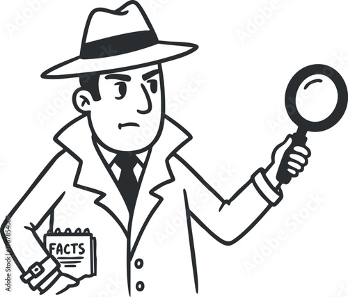 A cartoon detective character holding a magnifying glass and a notepad labeled facts.