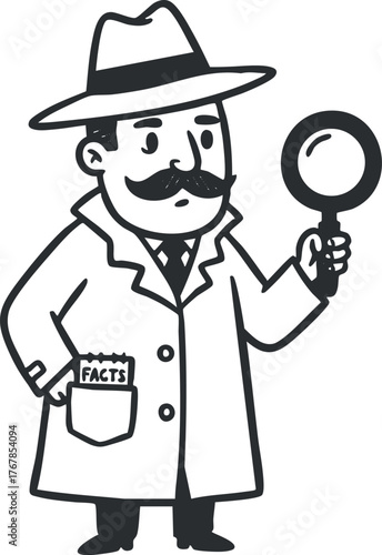 A cartoon detective character holding a magnifying glass and looking inquisitive about facts.