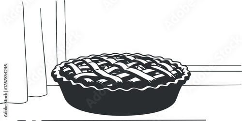 A freshly baked pie sits on the kitchen floor beside a curtain.