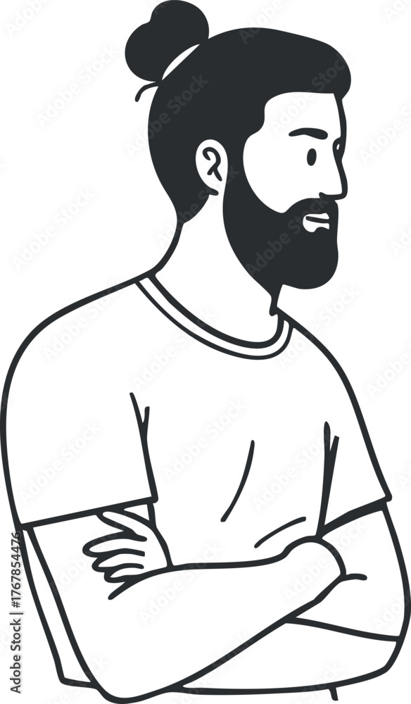 Obraz premium A thoughtful man with a beard and arms crossed, portrayed in a modern illustration style.