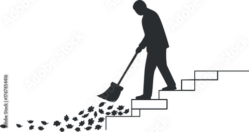 A silhouette of a man sweeping leaves off stairs during autumn season.