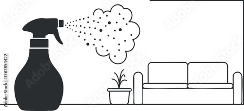 A spray bottle releasing mist in a home interior with a sofa and plant decoration.