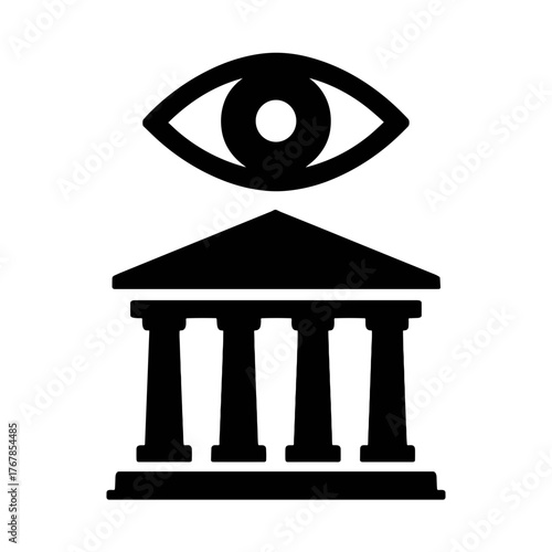 Eye Over Government Building Flat Icon, Black and White, Transparent Background