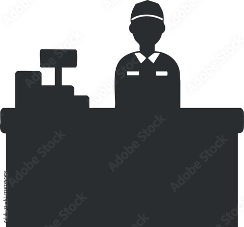 Silhouette of a cashier standing at a checkout counter in a retail store setting.
