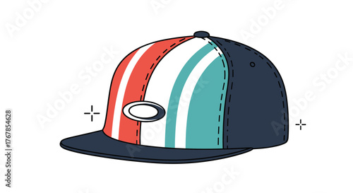 A stylish graphic illustration of a modern snapback cap featuring bold red, white, and teal vertical stripes with a dark blue brim and side panels.