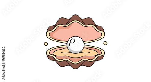An open clam shell with a pearl, a symbol of treasure and value, against a white background, in a flat vector design.