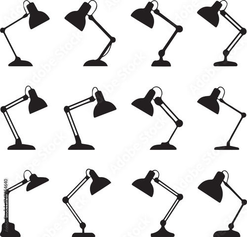 Twelve black silhouette desk lamps in various adjustable positions on a white background vector