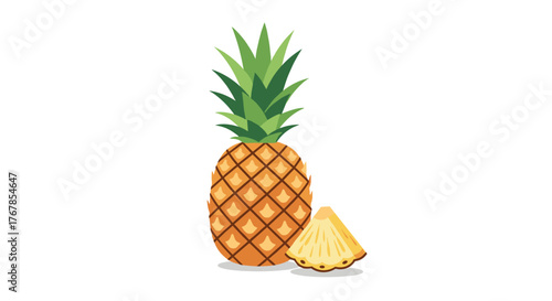Illustration of a whole pineapple with spiky green crown and a slice, isolated on a white background.
