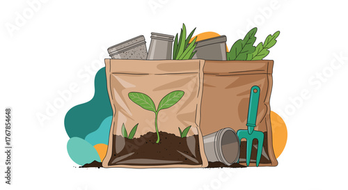 Gardening supplies illustration with seedlings, soil, pots, and tools, promoting spring growth and cultivation, for eco-friendly agriculture and hobby gardening endeavors.