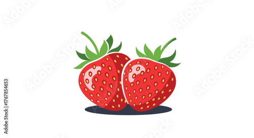 Two bright red strawberries with green leaves on a white background.