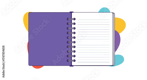An open notebook with lined pages, stylized with abstract colorful shapes, ready for notes and ideas.