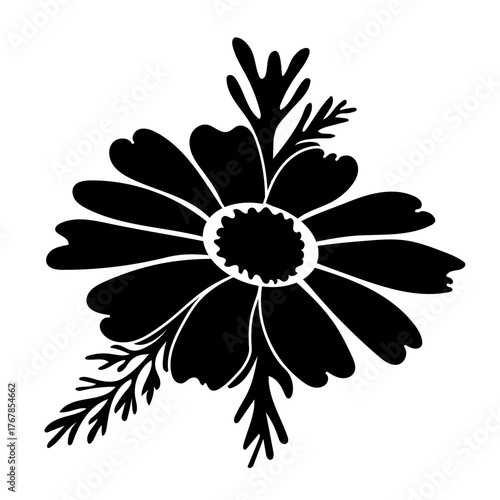 Vector silhouette of chamomile flower with open petals and leaves on white background, perfect for botanical design, print, logo, and decor.