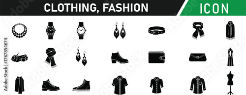 Clothing, fashion icon set. Including T-Shirt, Dress, Jeans, Shoe, Handbag, Hat, Hanger, Scissors, Sewing Machine, High Heel. Vector silhouette illustration