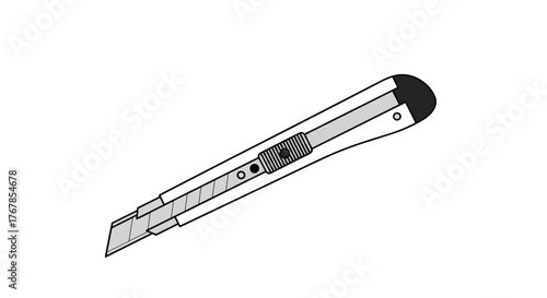 A simple black and white graphic illustration of a retractable box cutter utility knife with a segmented blade and sliding mechanism.