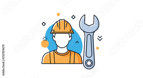 Cartoon illustration of a construction worker with an orange safety helmet holding a wrench standing in front of a blue circle with yellow dots.