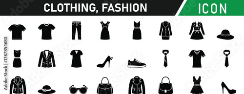 Clothing, fashion icon set. Including T-Shirt, Dress, Jeans, Shoe, Handbag, Hat, Hanger, Scissors, Sewing Machine, High Heel. Vector silhouette illustration
