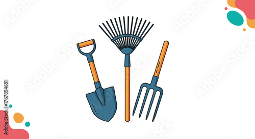A colorful illustration of gardening tools arranged on a white background, featuring a shovel, rake, and pitchfork.