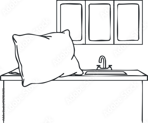 A minimalist kitchen scene featuring a sink and a decorative pillow on the countertop.