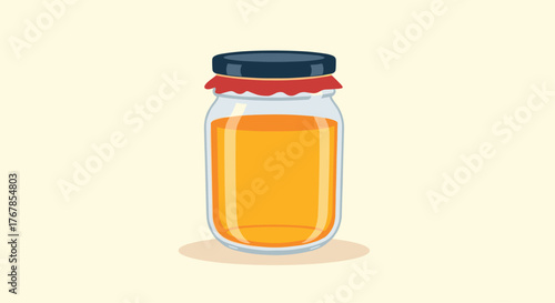 A jar of orange liquid with a dark blue lid and red liner sits on a light background.