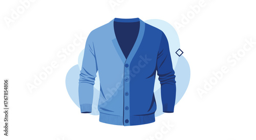 A stylish V-neck cardigan with a unique two-tone blue design, showcasing modern apparel and fashion concepts in a clean vector illustration.