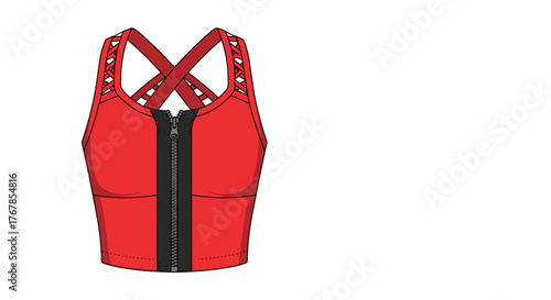 Detailed flat technical drawing of a bright red sports bra with a front zipper closure and stylish criss-cross back straps, isolated on a white background.