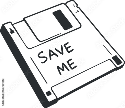 Illustration of a floppy disk with the message Save Me for retro technology enthusiasts.