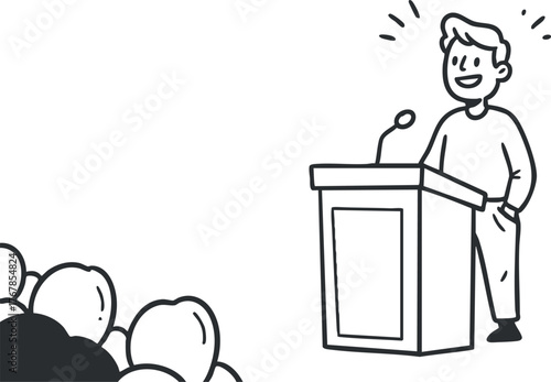 A cheerful speaker presenting at a conference while engaging with an attentive audience.