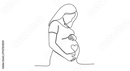 Continuous line drawing of a pregnant woman gently cradling her belly with a heart symbol, representing love and anticipation for her baby.