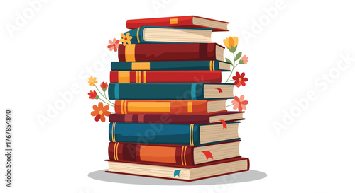 A tall stack of colorful books is adorned with delicate flowers and leaves.