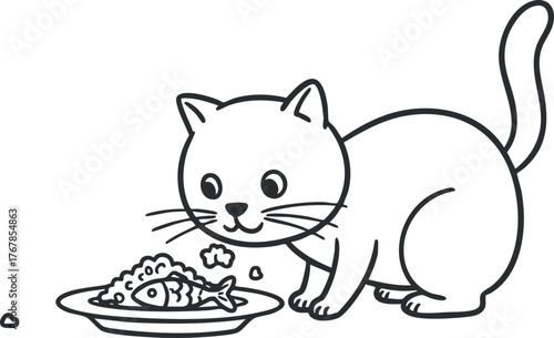 A playful cartoon cat enjoying a meal of fish from a bowl in a home setting.