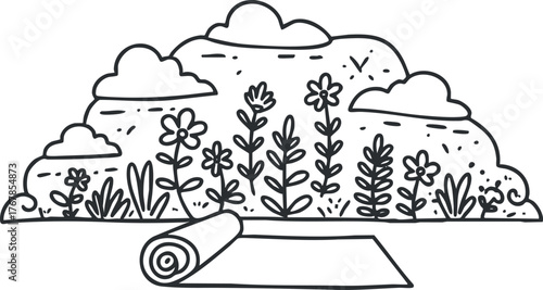 A simple illustration of flowers and clouds with a yoga mat in a serene outdoor setting.