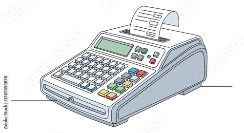 A Point of Sale (POS) system with a keyboard, display screen, and receipt paper illustrates modern retail and business processes.