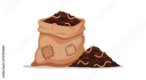 A burlap sack overflowing with dark soil and worms next to a pile of dirt with earthworms crawling.