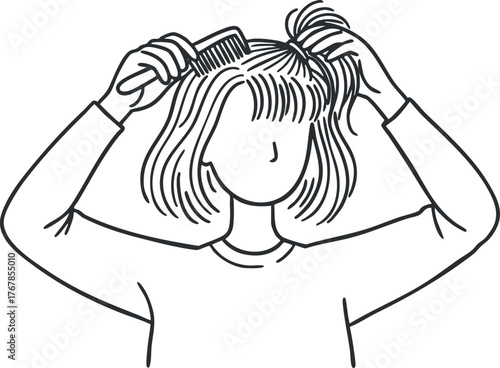 A minimalist illustration of a woman combing her hair, emphasizing beauty and self-care.