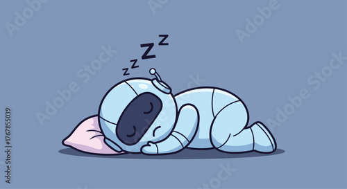 A delightful light blue cartoon robot is resting peacefully on its side on a soft pink pillow, with ZzZ above its head symbolizing sleep.