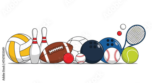 Cartoon illustration of various sports equipment arranged together, including balls, bowling pins, and a tennis racket.