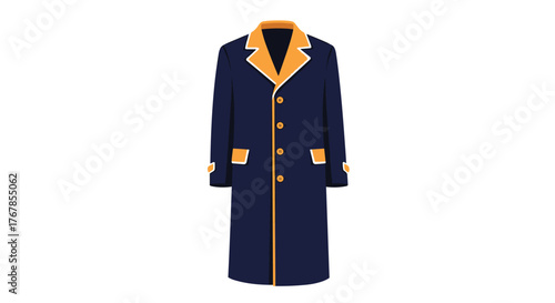 A long dark blue coat with an orange collar and trim.