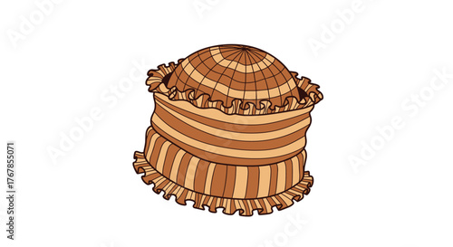 A decorative striped pillow or pouf with ruffled edges and a dome-shaped top in shades of brown and beige, featuring various stripe patterns.