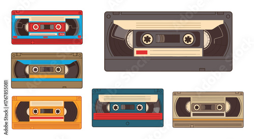 A collection of vintage VHS tapes in various colors, evoking a sense of nostalgia for retro technology and media from the past.