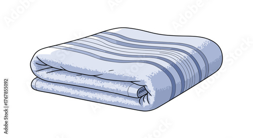 A neatly folded blue and white striped blanket rests on a white background.