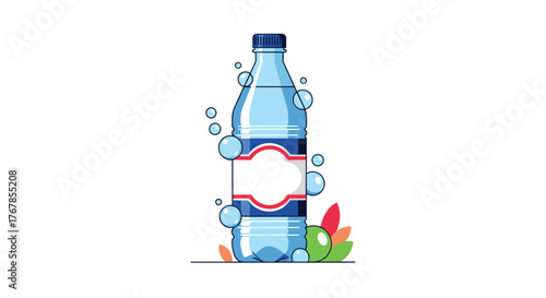 Refreshing water bottle illustration with bubbles, leaves, and a blank label, perfect for beverage or hydration themes.