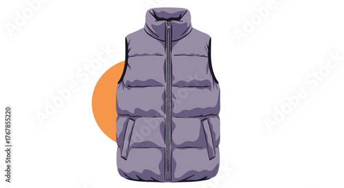 Illustration of a stylish purple puffer vest with a high collar and front zipper, ideal for layering in cold weather, set against a simple background.