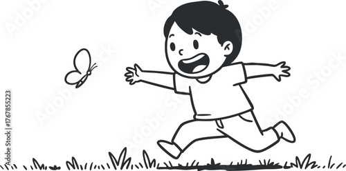 A joyful boy running after a butterfly in a grassy field, showcasing innocence and excitement.