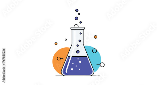 An illustration of a science conical flask with a chemical reaction bubbling, surrounded by an orange and light blue circle.