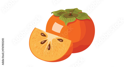 A vibrant illustration of a persimmon fruit, whole and sliced, against a white background, showcasing its rich orange color and edible segments.