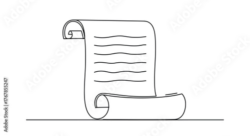 A hand-drawn sketch of a vintage or antique paper scroll with text, partially unrolled, standing on a flat surface.