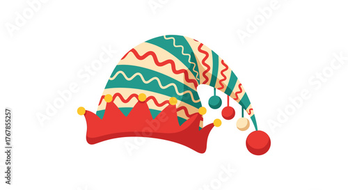 Festive cartoon elf hat with colorful striped pattern, red brim, and dangling baubles, perfect for holiday season and costume design.